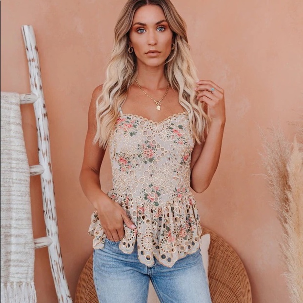 VICI Beaufort Floral Eyelet Peplum smocked tank top